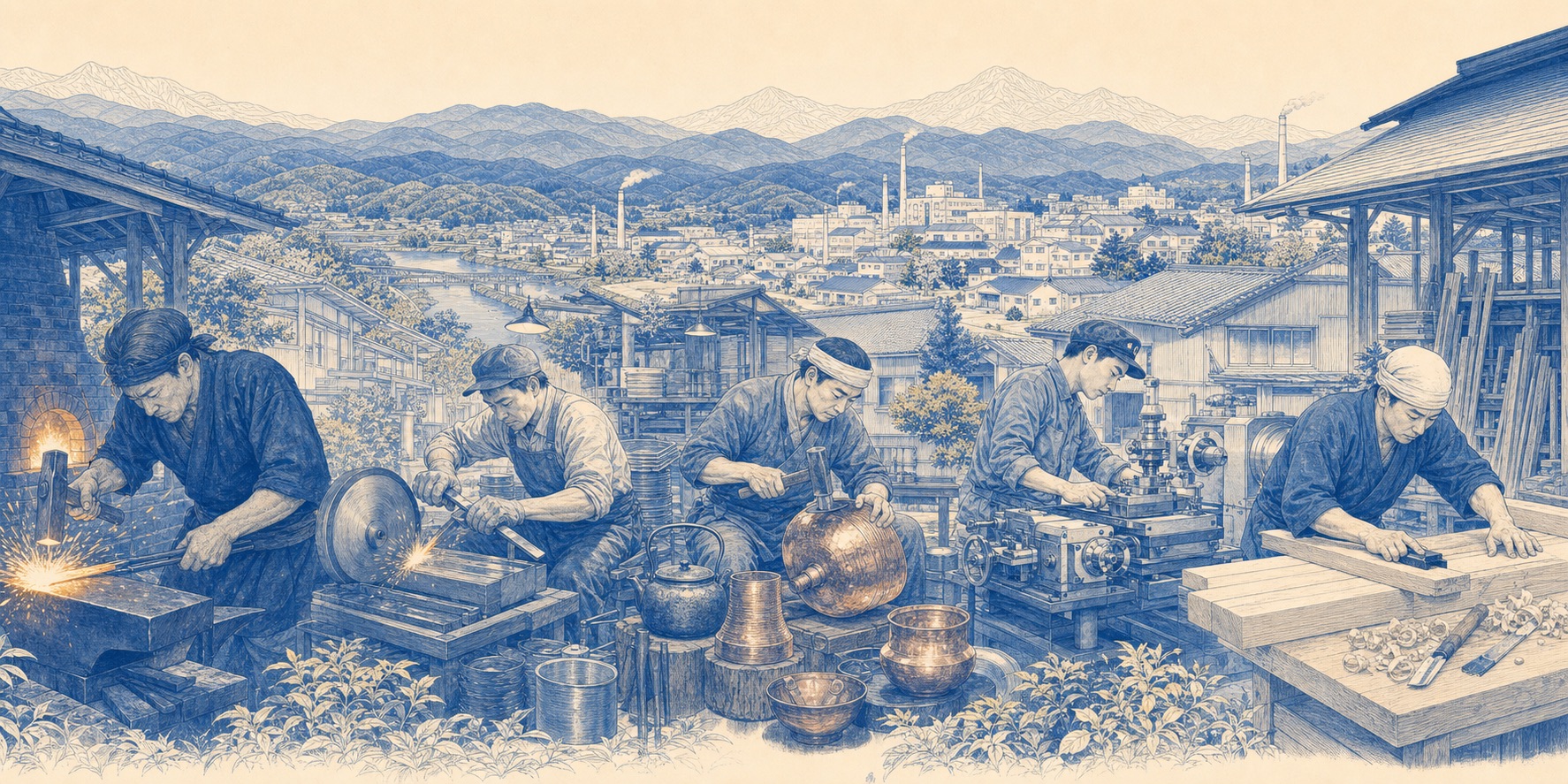 燕三条鍛造、研磨、鎚起與木工製作插畫