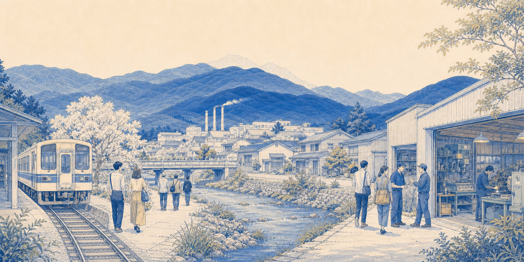 燕三条旅行、鐵道與工廠見學插畫